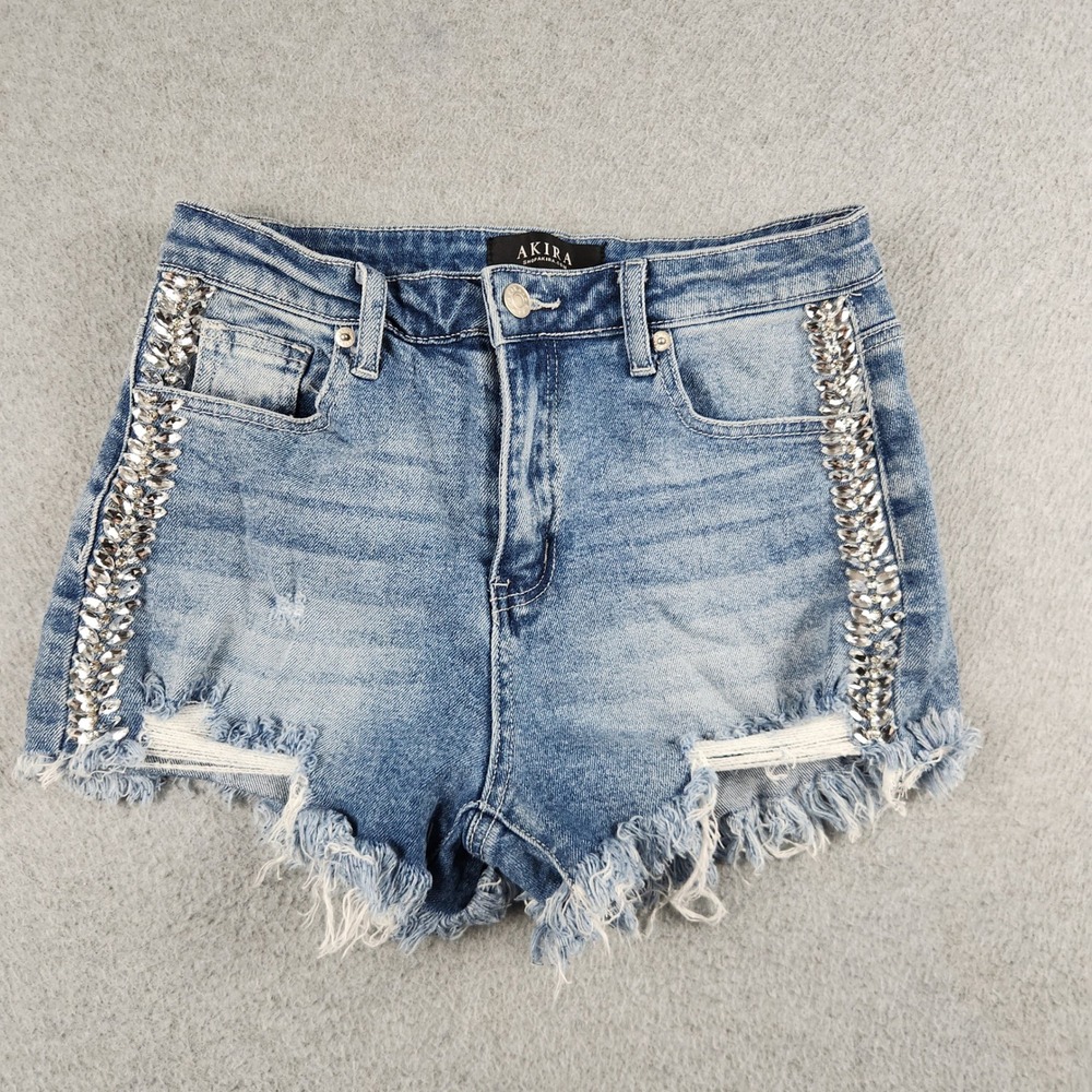 Akira Denim Shorts Womens Medium Blue Distressed Rhinestone High Rise Raw Hem